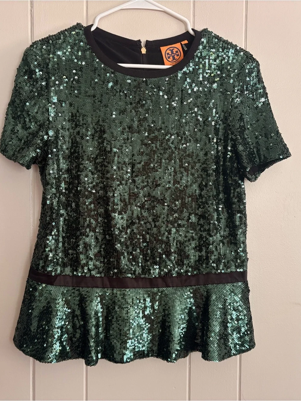 Tory Burch Emerald Green Sequin Short Sleeve Peplum Top